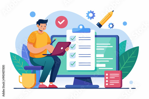 Online questionnaire survey, customer feedback choice or checklist, internet exam, opinion or comment, answer question, surveyor poll concept, man with pencil finish online questionnaire on computer.
