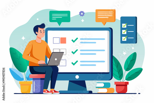 Online questionnaire survey, customer feedback choice or checklist, internet exam, opinion or comment, answer question, surveyor poll concept, man with pencil finish online questionnaire on computer.
