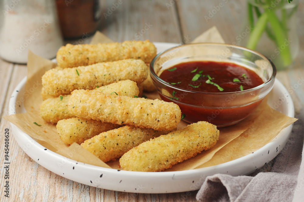 Mozarella sticks with barbeque sauce Mozarella sticks with barbeque sauce