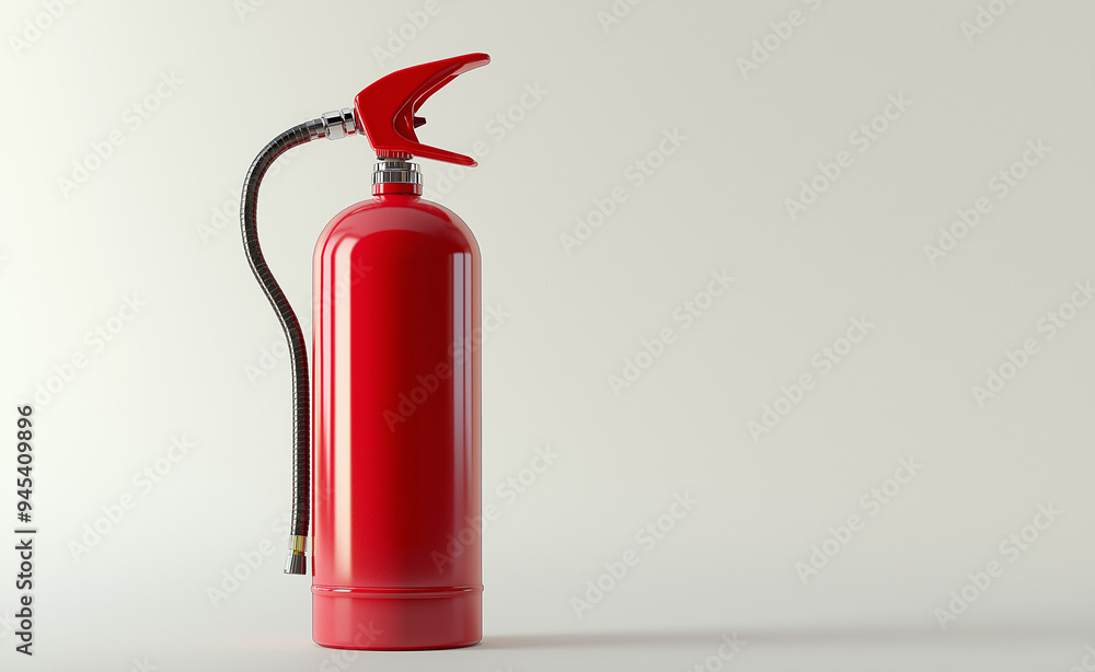 A red fire extinguisher against a plain white background. A red fire extinguisher against a plain white background.