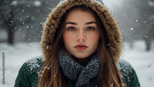 A beautiful girl fully immersed in the snow Closeup picture of a cute girl with snow falling banner wallpaper background Girl douse in Snowball earth Female in Snowball earth