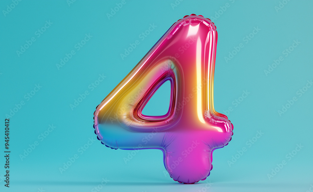 Colorful balloon in the shape of the number 4 against a blue background. Colorful balloon in the shape of the number 4 against a blue background.