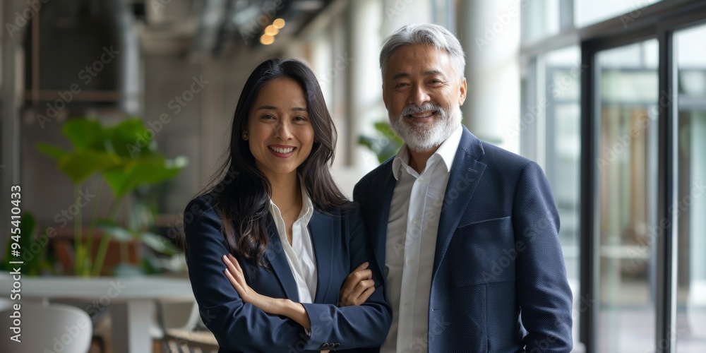 Portrait of two happy confident professional mature latin business man and asian business woman corporate leaders managers standing in office, diverse Portrait of two happy confident professional mature latin business man and asian business woman corporate leaders managers standing in office, diverse