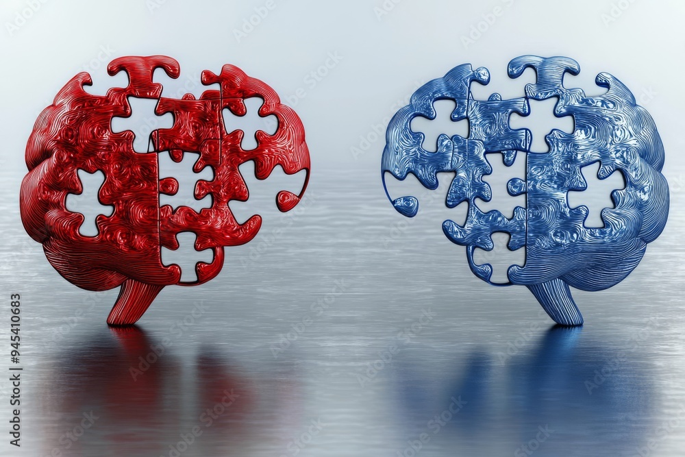 Two brain models one red and one blue facing each other symbolize the ...