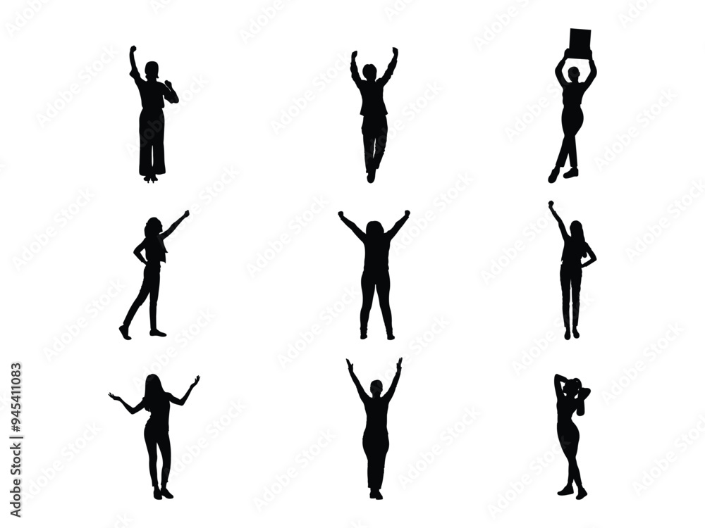 Set of Woman Raised Hands Silhouette in various poses isolated on white background Set of Woman Raised Hands Silhouette in various poses isolated on white background