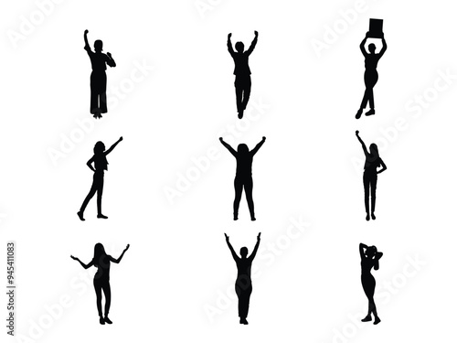 Set of Woman Raised Hands Silhouette in various poses isolated on white background