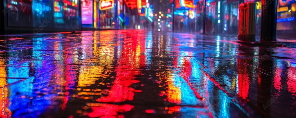 Urban Glowtime: Vibrant Neon Signs Reflected in Rain-Soaked Street Creating Atmospheric Ambiance Urban Glowtime: Vibrant Neon Signs Reflected in Rain-Soaked Street Creating Atmospheric Ambiance