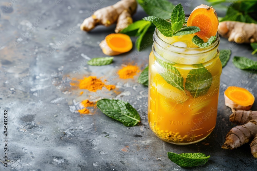 Refreshing turmeric and ginger cocktail with mint garnish in a mason jar for a healthy summer drink Refreshing turmeric and ginger cocktail with mint garnish in a mason jar for a healthy summer drink