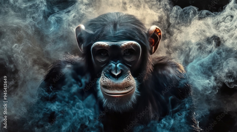 A chimpanzee looking intently at the camera with smoke swirling around it. A chimpanzee looking intently at the camera with smoke swirling around it.