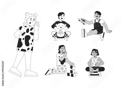 Little multiracial children black and white 2D line cartoon characters set. Kindergarten students playing isolated vector outline people. Toddler kids monochromatic flat spot illustrations collection