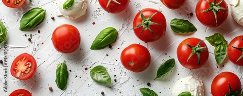 Fresh tomatoes and mozzarella cheese with basil leaves on a white background, a classic Italian delight. Free copy space for banner.