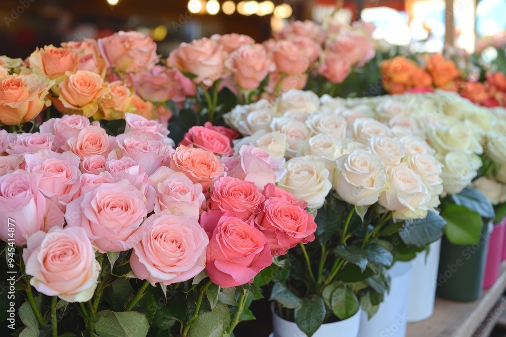 Vibrant array of pink, peach, and white roses beautifully arranged in vases at a flower market Vibrant array of pink, peach, and white roses beautifully arranged in vases at a flower market