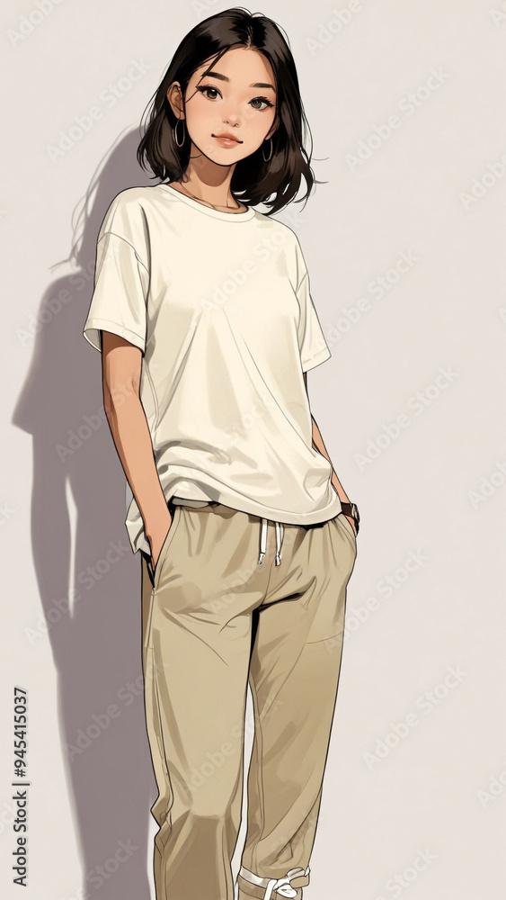 illustration of a beautiful Asian woman. black hair, Dress her in SWeekend Comfort Graphic tee, joggers, and slip-on sneakers illustration of a beautiful Asian woman. black hair, Dress her in SWeekend Comfort Graphic tee, joggers, and slip-on sneakers
