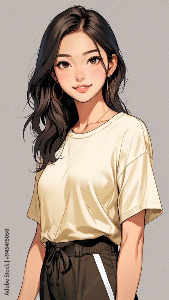 illustration of a beautiful Asian woman. black hair, Dress her in SWeekend Comfort Graphic tee, joggers, and slip-on sneakers illustration of a beautiful Asian woman. black hair, Dress her in SWeekend Comfort Graphic tee, joggers, and slip-on sneakers