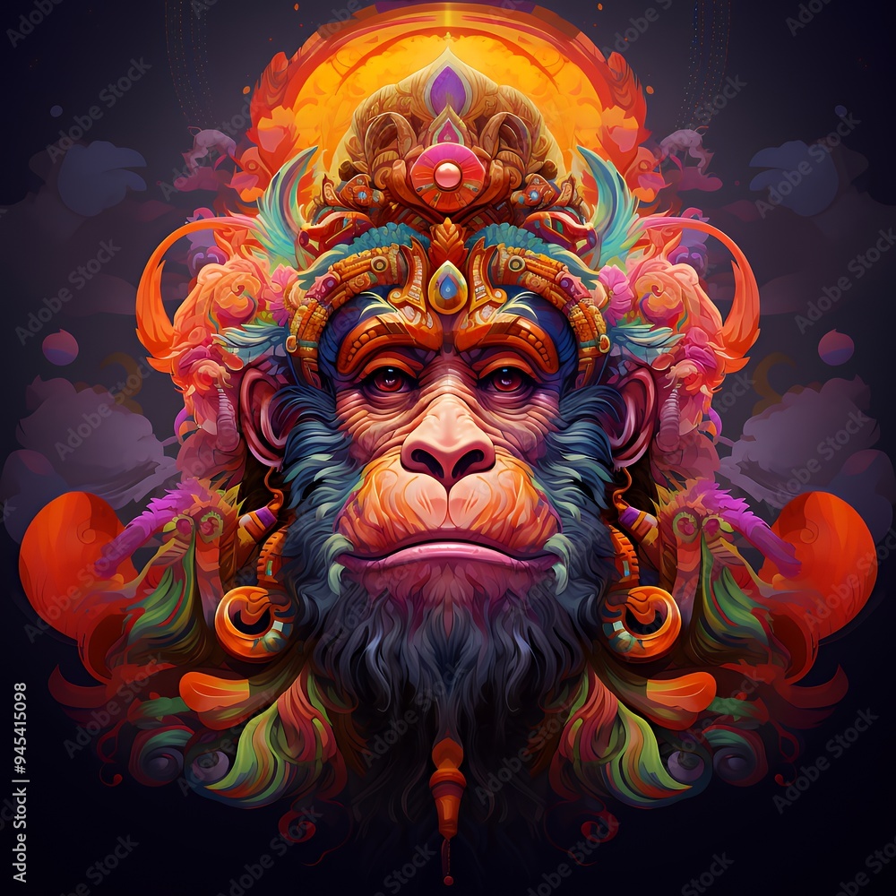 A vibrant, stylized depiction of a monkey with ornate decorations and colorful elements. A vibrant, stylized depiction of a monkey with ornate decorations and colorful elements.