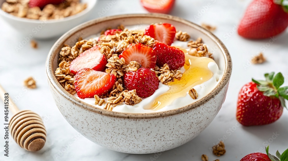 A bowl of fresh yogurt topped with sliced strawberries, granola, and a drizzle of honey, placed on a marble countertop with a light background A bowl of fresh yogurt topped with sliced strawberries, granola, and a drizzle of honey, placed on a marble countertop with a light background