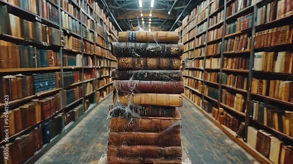 A tall stack of dusty, cobweb-covered books sits in the middle of an eerie, deserted library. A tall stack of dusty, cobweb-covered books sits in the middle of an eerie, deserted library.