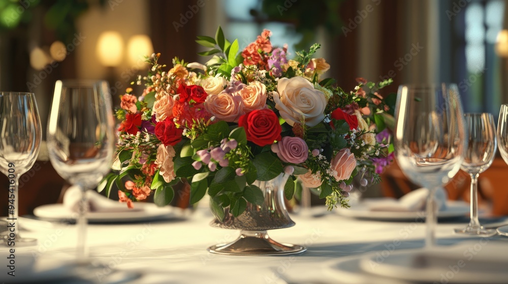 3D rendering of a flower arrangement on a wedding table in a dining setting 3D rendering of a flower arrangement on a wedding table in a dining setting