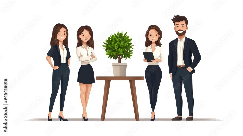 Obraz premium A group of four professionals standing confidently around a plant on a table, symbolizing collaboration and business success.