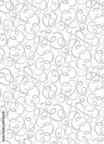 Old romantic yellow round whirl ribbon thread loop bow knot openwork on light cream fond. Pale grey linear curly sketch drawing in art retro curlicue doodle tileable classic whorl deco style