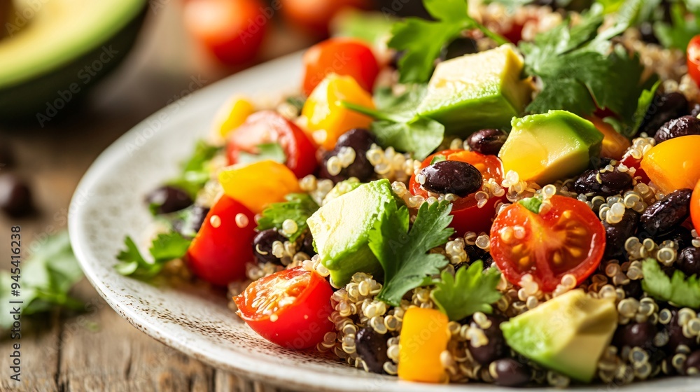 A close-up of a quinoa and black bean salad with diced avocado, cherry tomatoes, and cilantro, served on a white plate with a rustic wooden table in the background A close-up of a quinoa and black bean salad with diced avocado, cherry tomatoes, and cilantro, served on a white plate with a rustic wooden table in the background