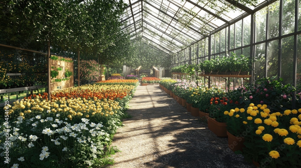 3D rendering of a chrysanthemum flower farm in a shaded environment 3D rendering of a chrysanthemum flower farm in a shaded environment