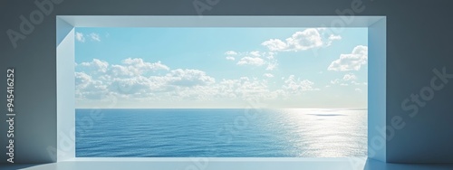 3D rendering of a window view showcasing a sunny endless sea horizon beneath a blue summer sky evoking a sense of freedom and relaxation in travel