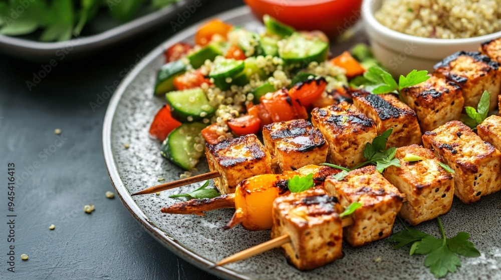 A plate of grilled tofu skewers served with quinoa salad and a side of steamed vegetables, garnished with fresh herbs on a ceramic plate with a natural background A plate of grilled tofu skewers served with quinoa salad and a side of steamed vegetables, garnished with fresh herbs on a ceramic plate with a natural background