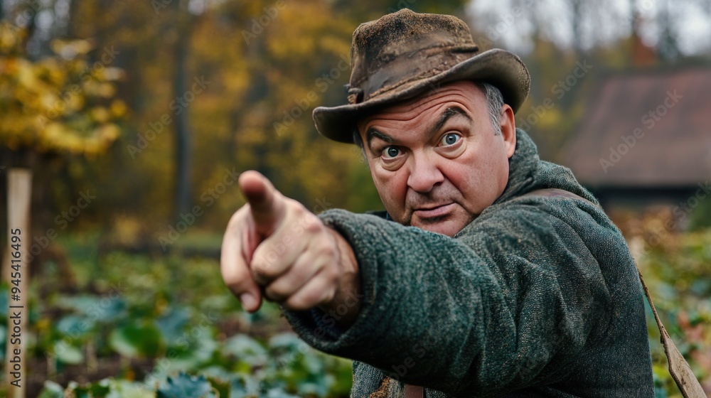 A man in a hat points a finger towards the viewer in a field with a blurred background. A man in a hat points a finger towards the viewer in a field with a blurred background.