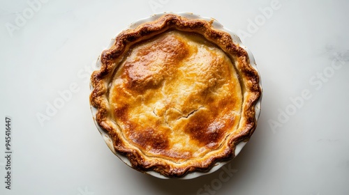 An attractive golden pie with a textured, crimped crust, served on a white plate, captured from above, giving the viewer a sense of its delectable taste and homemade charm. photo