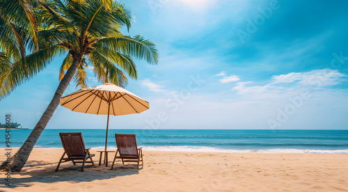 Serene Beach Scene with Palm Trees, Chairs, and an Umbrella, Capturing a Relaxing Coastal Environment and Tropical Escape, Ideal for Depicting Themes of Vacation, Beach Leisure, and Tranquil Seaside R