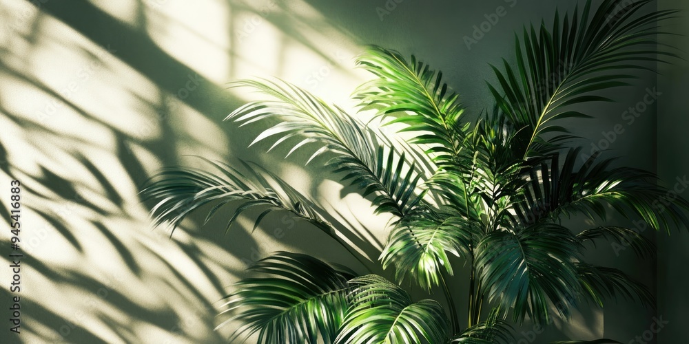 3D rendering of an indoor plant with lush green leaves casting shadows on the wall 3D rendering of an indoor plant with lush green leaves casting shadows on the wall