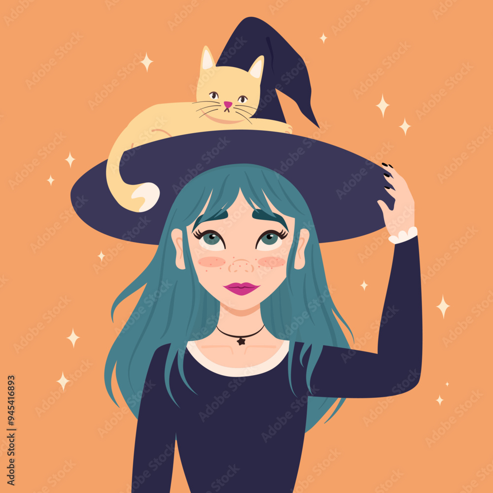 Cute hand drawn cartoon character witch girl with cat funny halloween vector illustration for fall season holiday on orange background with stars Cute hand drawn cartoon character witch girl with cat funny halloween vector illustration for fall season holiday on orange background with stars