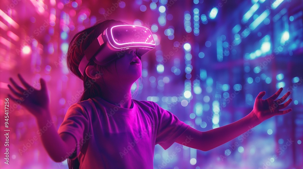 A young girl in VR glasses, neon virtual world background. A young girl in VR glasses, neon virtual world background.