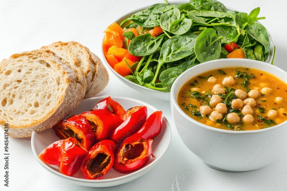 A healthy meal featuring soup, salad, roasted peppers, and bread. A healthy meal featuring soup, salad, roasted peppers, and bread.