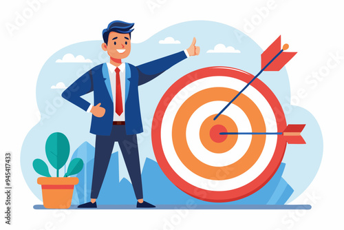 Company target achievement, business goal or objective to achieve, team strategy, leadership development, aiming for winning goal concept, businessman point arrow bullseye target to team colleagues. 
