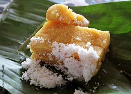 A typical Javanese snack called getuk is sprinkled with grated young coconut. photo