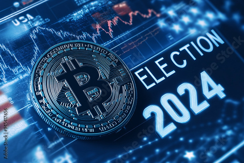 A Bitcoin coin on a digital background with financial charts and ELECTION 2024 text emphasizing a financial theme photo