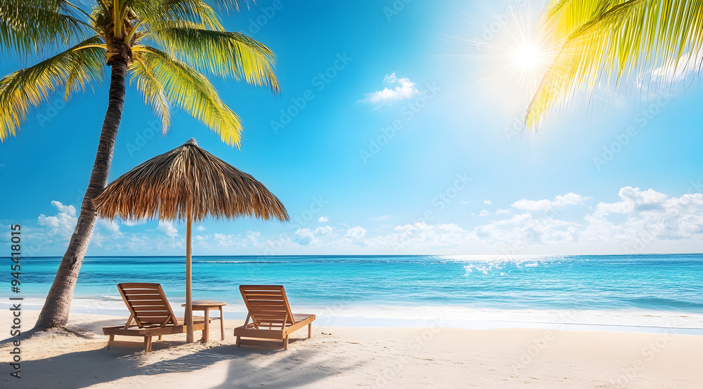 Serene Beach Scene with Palm Trees, Chairs, and an Umbrella, Capturing a Relaxing Coastal Environment and Tropical Escape, Ideal for Depicting Themes of Vacation, Beach Leisure, and Tranquil Seaside R Serene Beach Scene with Palm Trees, Chairs, and an Umbrella, Capturing a Relaxing Coastal Environment and Tropical Escape, Ideal for Depicting Themes of Vacation, Beach Leisure, and Tranquil Seaside R