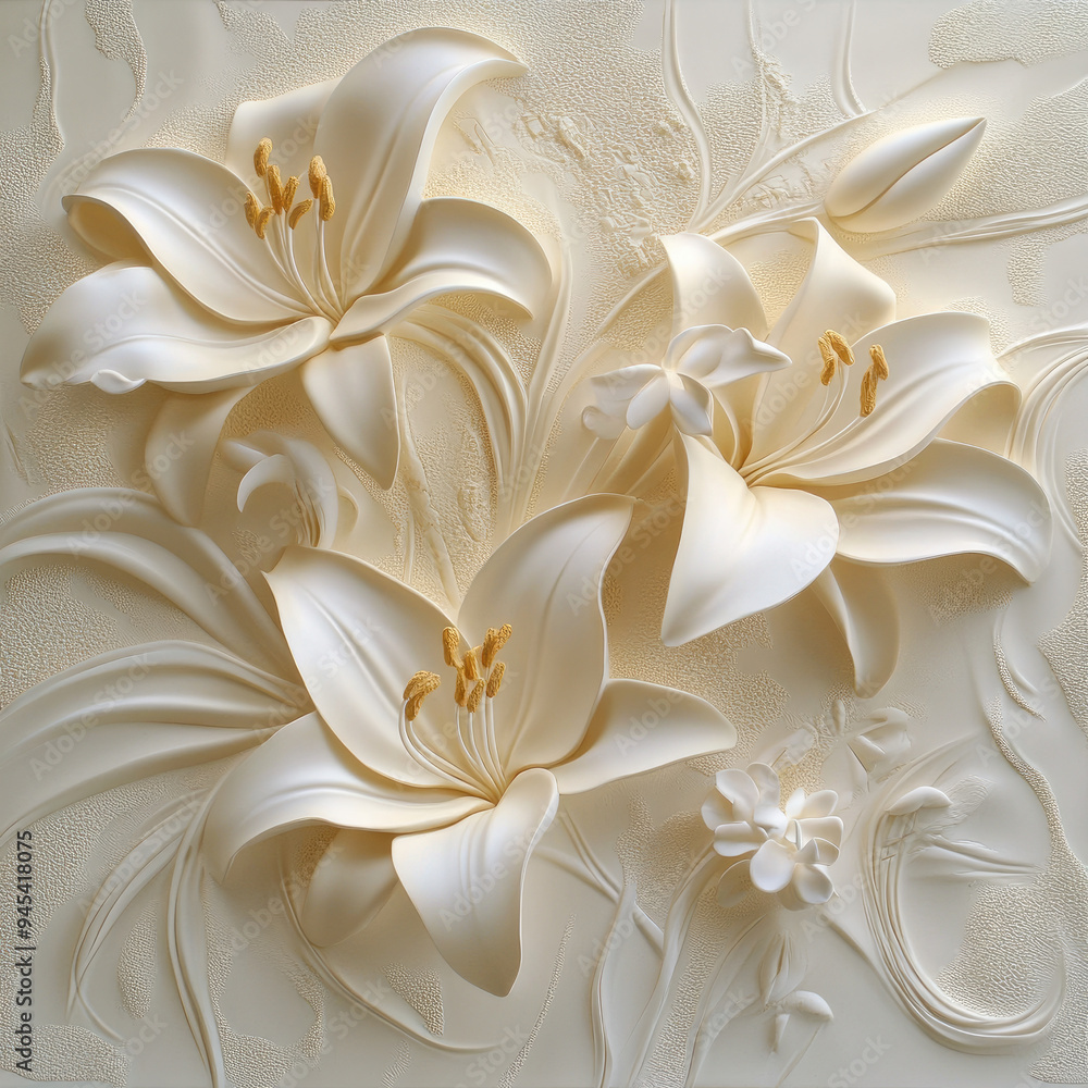 3D bas-relief of flowers close-up in vanilla tones. Delicate lilies. Template for romantic, greeting card, invitation. Creative interior decor for an exhibition pavilion, presentation, advertising of 3D bas-relief of flowers close-up in vanilla tones. Delicate lilies. Template for romantic, greeting card, invitation. Creative interior decor for an exhibition pavilion, presentation, advertising of