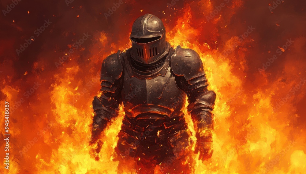 Fototapeta premium A fierce knight clad in armor, emerging from a fiery inferno, symbolizing strength and resilience in the face of adversity.
