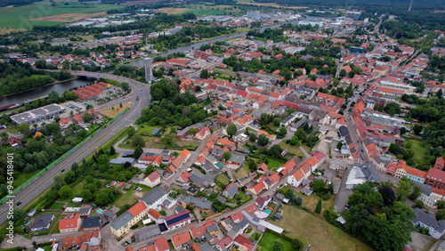 An Aerial panorama view around the old town of the city Genthin on an early summer day in Germany.