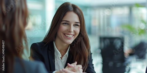 A professional woman in her late thirties, smiling and shaking hands with an employee at the table during a job interview in an office. photo