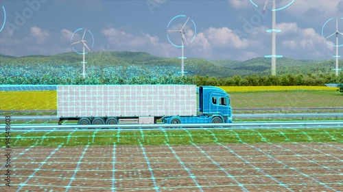 Smart Logistics: Generic autonomous semi truck with cargo trailer driving through green landscape. Scanning and digitalizing effetcs. Future Technology Concept. 3D animation rendering photo