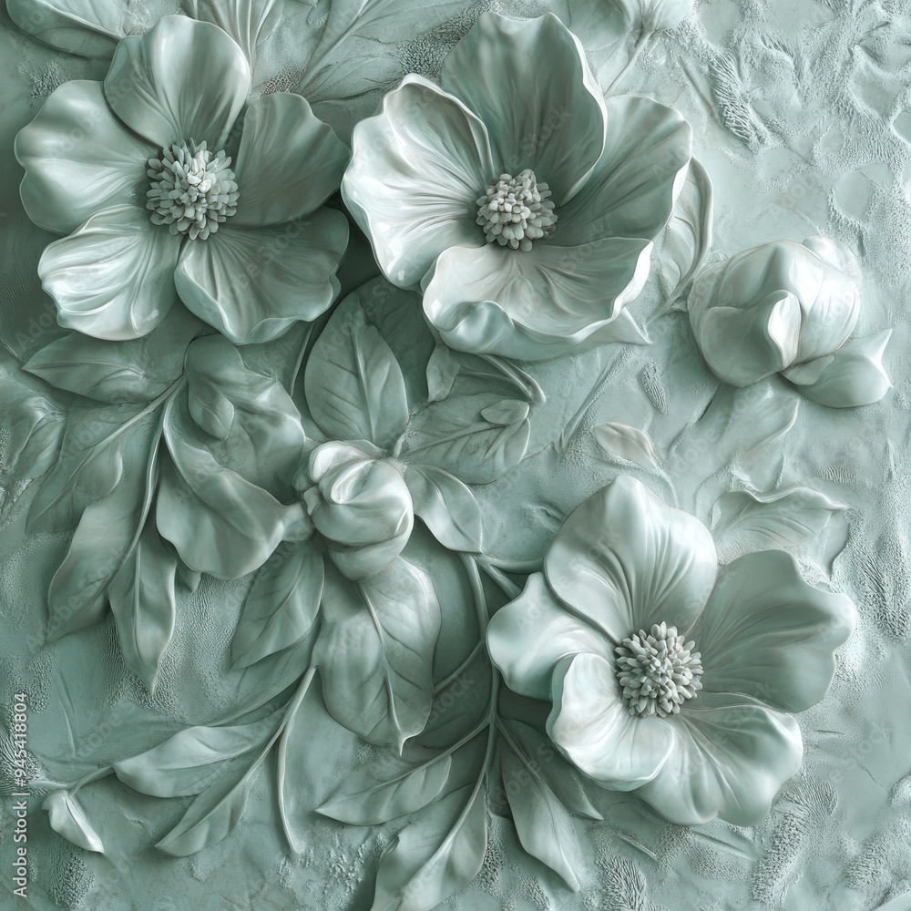 3D bas-relief of flowers close-up in mint tones. Template for romantic, greeting card, invitation. Creative interior decor for an exhibition pavilion, presentation, advertising of herbal products, dec 3D bas-relief of flowers close-up in mint tones. Template for romantic, greeting card, invitation. Creative interior decor for an exhibition pavilion, presentation, advertising of herbal products, dec