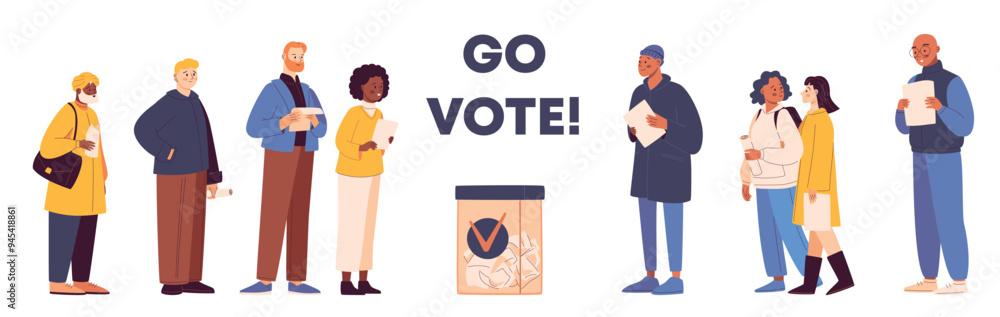 Illustration of a diverse crowd standing in a queue to vote. Features men, women, boys, and girls of various ethnicities participating in the democratic process.