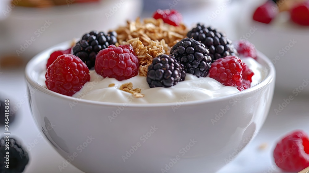 A bowl of creamy Greek yogurt topped with fresh berries, honey, and granola A bowl of creamy Greek yogurt topped with fresh berries, honey, and granola