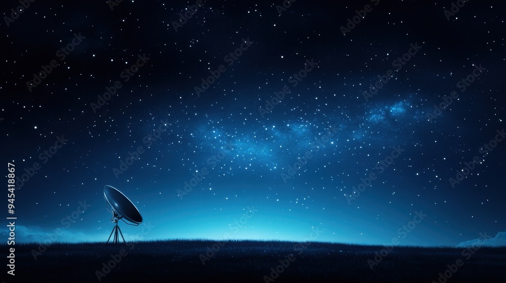 A serene night sky filled with stars, showcasing a satellite dish capturing cosmic wonders in a tranquil landscape. A serene night sky filled with stars, showcasing a satellite dish capturing cosmic wonders in a tranquil landscape.