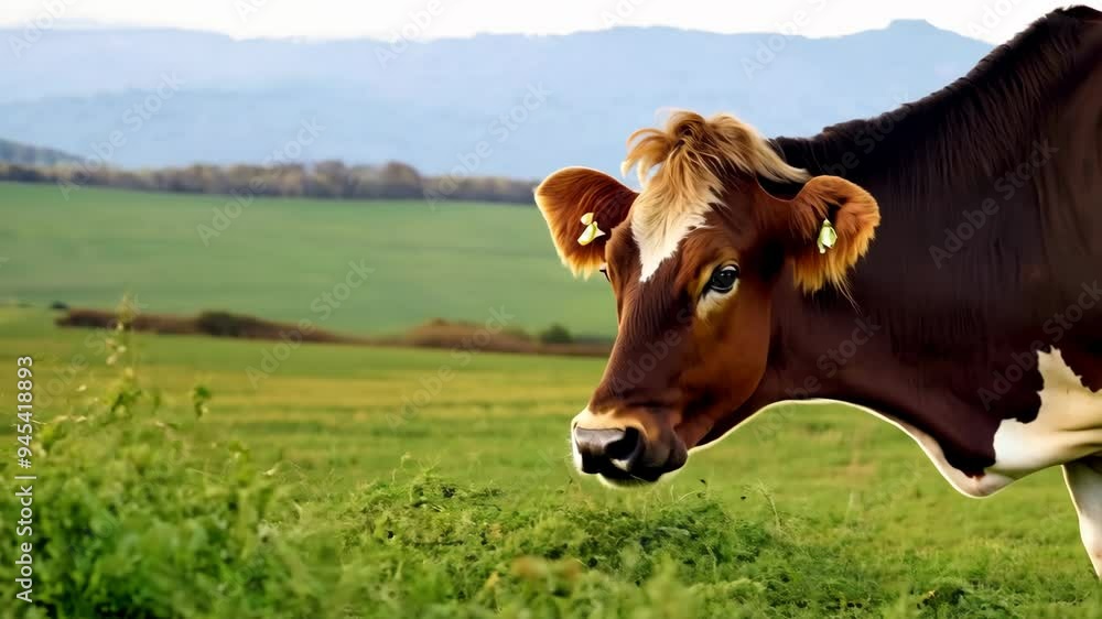 Closeup of a cow grazing peacefully in a lush green field with mountains in the background Closeup of a cow grazing peacefully in a lush green field with mountains in the background