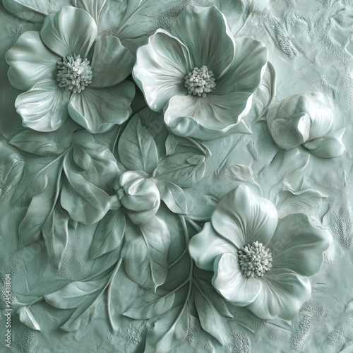 Wallpaper Mural 3D bas-relief of flowers close-up in mint tones. Template for romantic, greeting card, invitation. Creative interior decor for an exhibition pavilion, presentation, advertising of herbal products, dec Torontodigital.ca